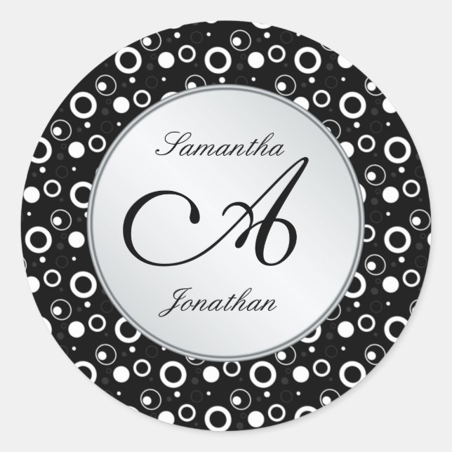 Sticker Rond Monogramme "A" noir blanc bulles cercles Mariage (Devant)