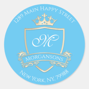 Sticker Rond Monogramme Adresse Couronne Royal Gold Blue RSVP