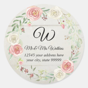 Sticker Rond Monogramme Adresse de retour Bois rustique Blush F
