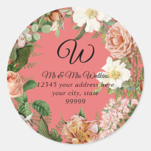 Sticker Rond Monogramme Adresse de Retour Corail Ivoire Pivoine