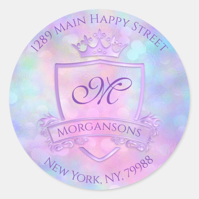 Sticker Rond Monogramme Adresse de retour Couronne Holographie  (Devant)