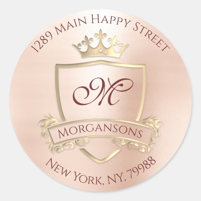 Sticker Rond Monogramme Adresse de retour Couronne Royal Blush  (Devant)