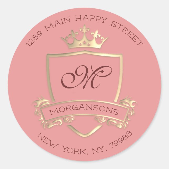 Sticker Rond Monogramme Adresse de retour Couronne Royal Gold R (Devant)