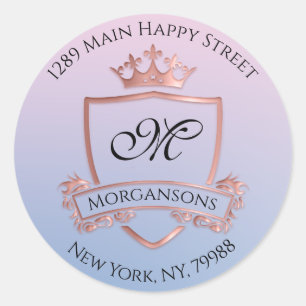 Sticker Rond Monogramme Adresse de retour Couronne Royal Smoky 