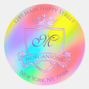 Sticker Rond Monogramme Adresse de retour Crown Royal Rainbow U