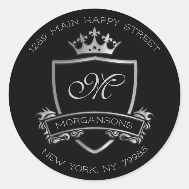 Sticker Rond Monogramme Adresse de retour Crown Royal Silver Bl (Devant)