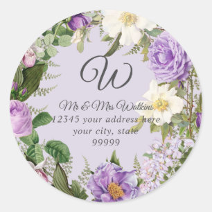 Sticker Rond Monogramme Adresse de retour Lavender Peony Roses