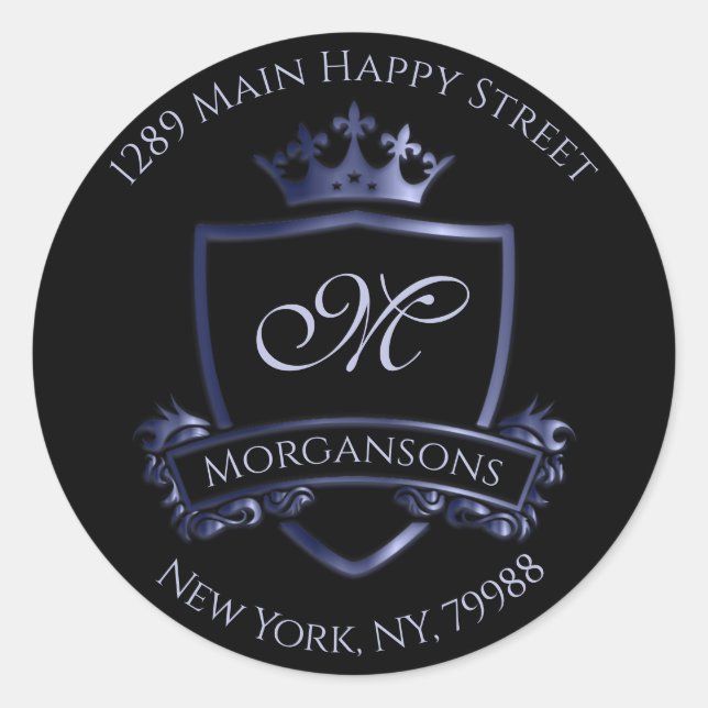 Sticker Rond Monogramme Adresse RSVP Crown Royal Smoky Blue Bla (Devant)