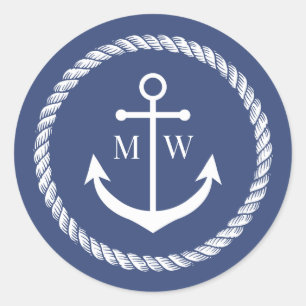 Sticker Rond Monogramme Ancre bleue et corde