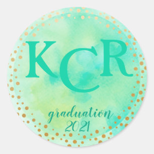 Sticker Rond Monogramme Année de graduation Aquarelle Doodles d