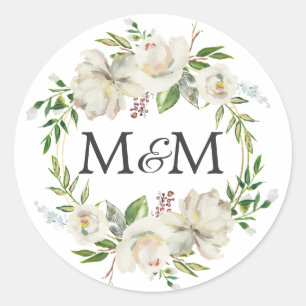 Sticker Rond Monogramme Aquarelle Antique Blanc Floral Mariage