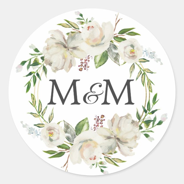 Sticker Rond Monogramme Aquarelle Antique Blanc Floral Mariage (Devant)