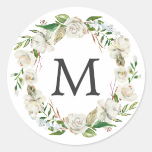 Sticker Rond Monogramme Aquarelle Antique Blanc Floral Wreath