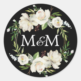Sticker Rond Monogramme Aquarelle noire Mariage Floral blanc