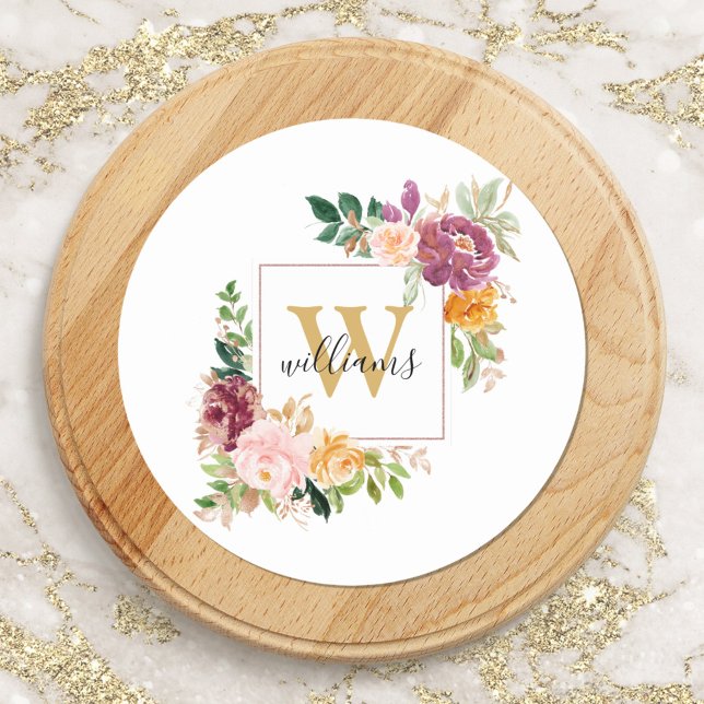 Sticker Rond Monogramme Aquarelle Rose or Fleur Floral (In situ)