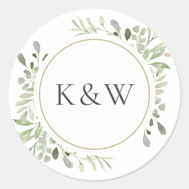 Sticker Rond Monogramme Aquarelle Verdure Mariage Faveur (Devant)