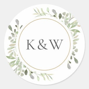 Sticker Rond Monogramme Aquarelle Verdure Mariage Faveur