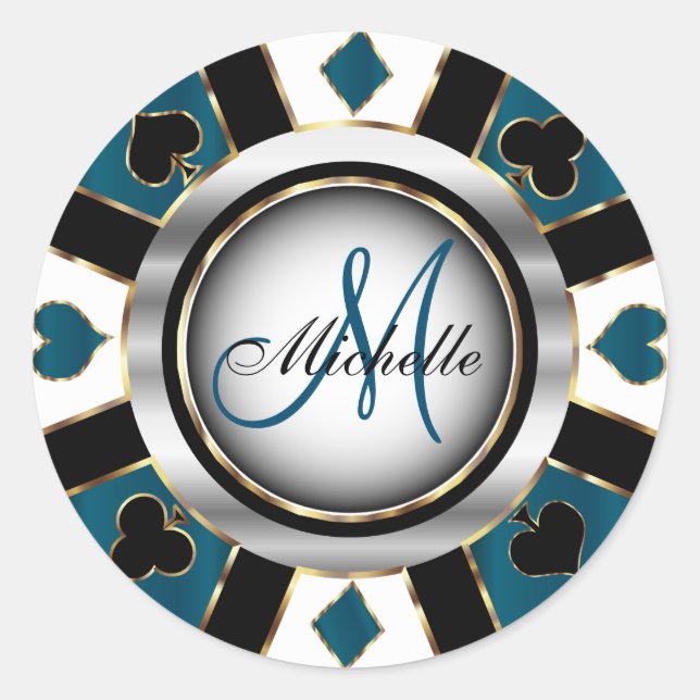 Sticker Rond Monogramme Ardoise Bleu Casino Poker Design Chip (Devant)