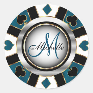 Sticker Rond Monogramme Ardoise Bleu Casino Poker Design Chip
