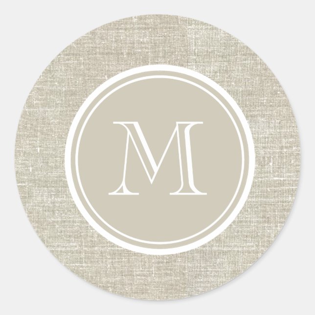 Sticker Rond Monogramme Arrière - plan de lin beige rustique (Devant)