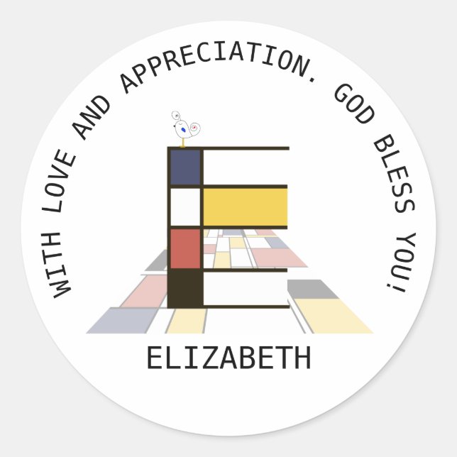 Sticker Rond Monogramme Art Avant-Gardiste. Lettre E (Devant)