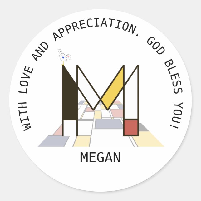 Sticker Rond Monogramme Art Avant-Gardiste. Lettre M (Devant)