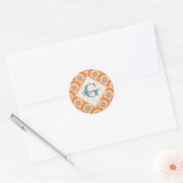Sticker Rond Monogramme Art Déco Egée Été Radiant Mandala (Enveloppe)