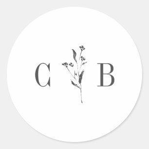 Sticker Rond Monogramme blanc botanique simple Mariage initial