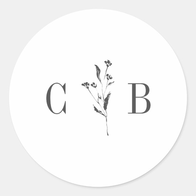 Sticker Rond Monogramme blanc botanique simple Mariage initial (Devant)
