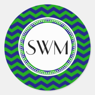 Sticker Rond Monogramme bleu et vert Chevron Personnalisé