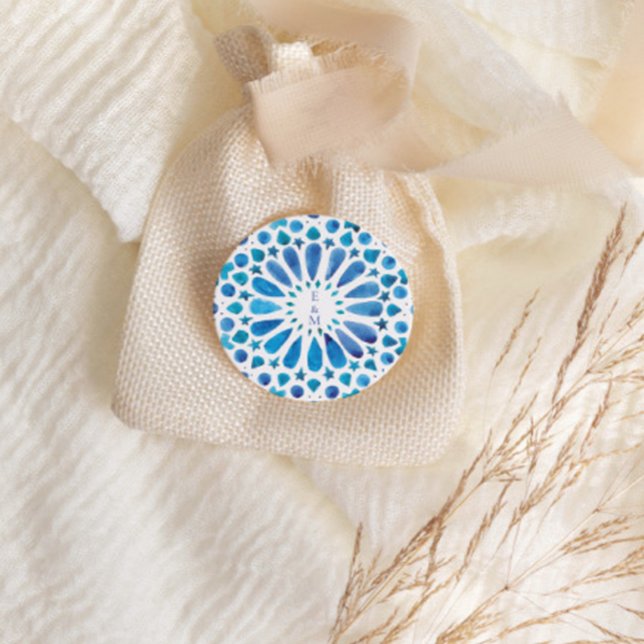 Sticker Rond Monogramme bleu méditerranéen (Créateur téléchargé)