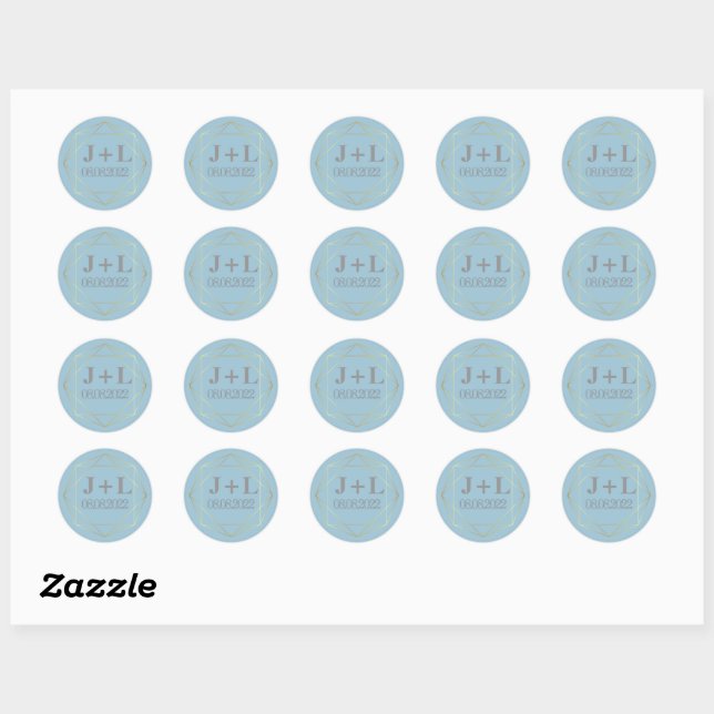 Sticker Rond Monogramme Bleu Or Blanc Mariage Fiançailles Favor (Feuille)