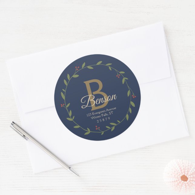 Sticker Rond Monogramme bleu Tan SVG Christmas Wreath Adresse (Enveloppe)