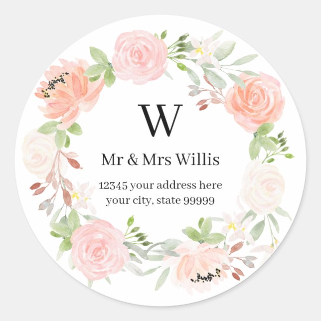 Sticker Rond Monogramme Blush Ivory Rose Adresse de retour (Devant)