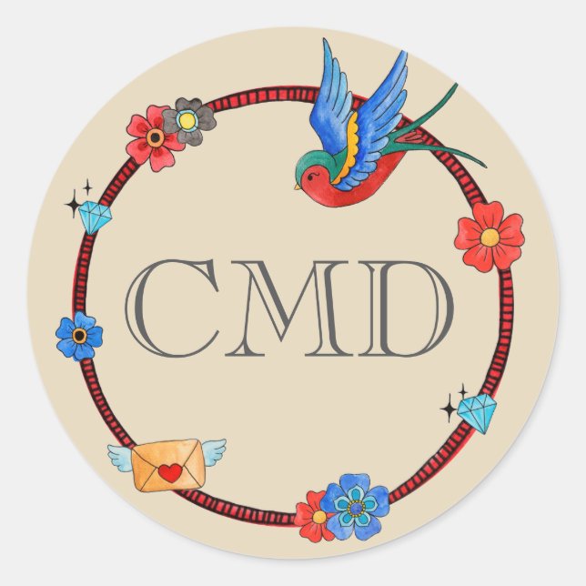 Sticker Rond Monogramme Boho Bluebird (Devant)