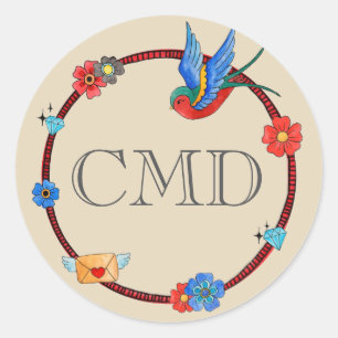 Sticker Rond Monogramme Boho Bluebird
