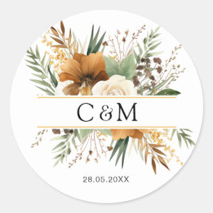 Sticker Rond Monogramme, boho, bouquet de fleurs élégant
