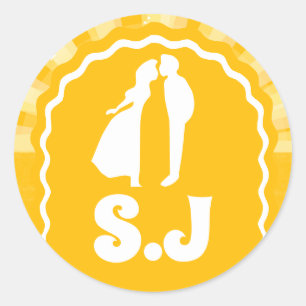Sticker Rond Monogramme Bold Sunshine Yellow Wavy Arch Mariage