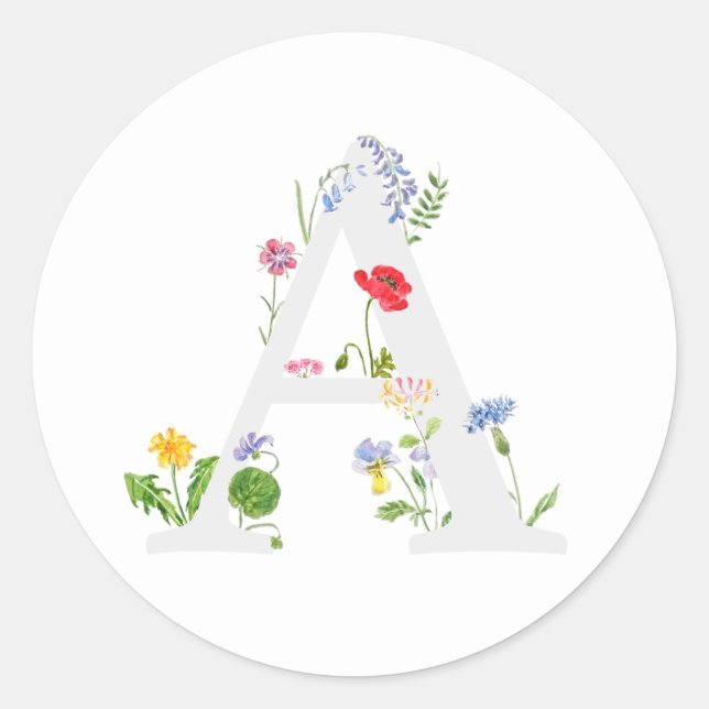 Sticker Rond monogramme botanique alphabet A fleur sauvage (Devant)