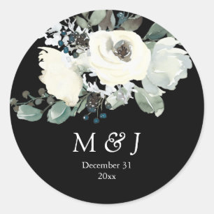 Sticker Rond Monogramme botanique bleu et blanc Dusty - noir
