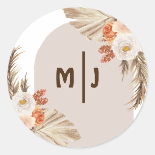 Sticker Rond Monogramme botanique Boho Pampas Mariage en herbe