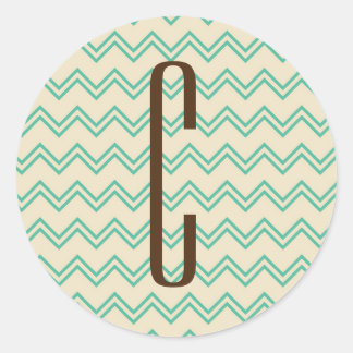 Sticker Rond Monogramme Brown sur Motif Turquoise Green Chevron