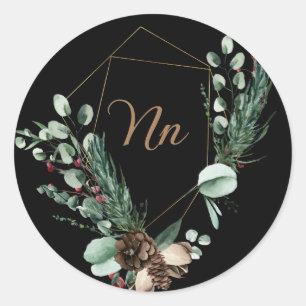 Sticker Rond Monogramme cadre doré personnalisable branche vert