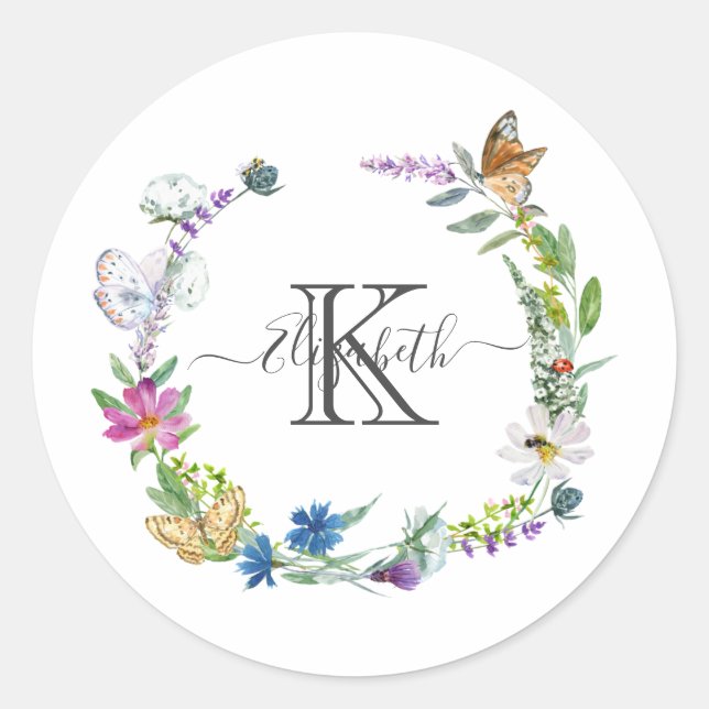 Sticker Rond Monogramme Calligraphie Papillons Fleurs  (Devant)