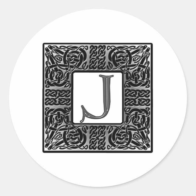 Sticker Rond Monogramme Celtique "J" argenté (Devant)