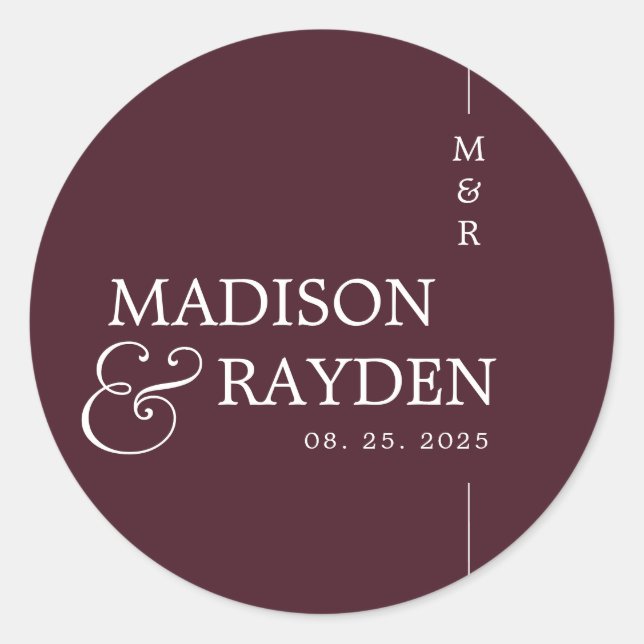 Sticker Rond Monogramme chic moderne de Bourgogne Mariage Merci (Devant)