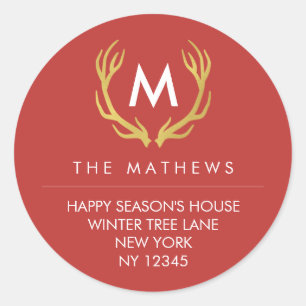 Sticker Rond Monogramme Christmas Antlers Retour Adresse Étique