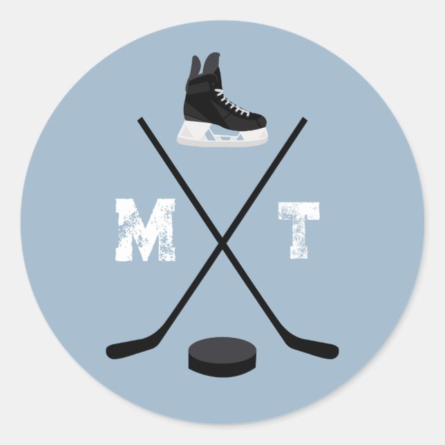 Sticker Rond Monogramme classique de hockey sur glace bleu pous (Devant)