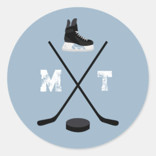Sticker Rond Monogramme classique de hockey sur glace bleu pous