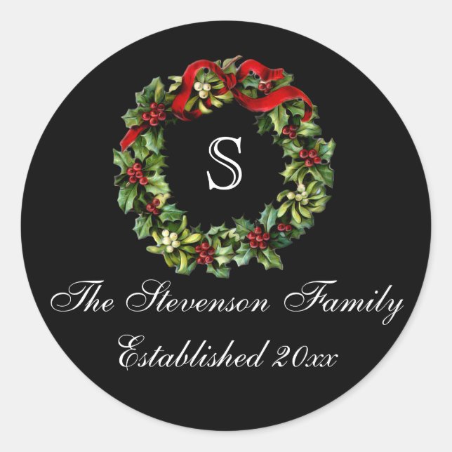 Sticker Rond Monogramme classique Holly Wreath Custom Christmas (Devant)
